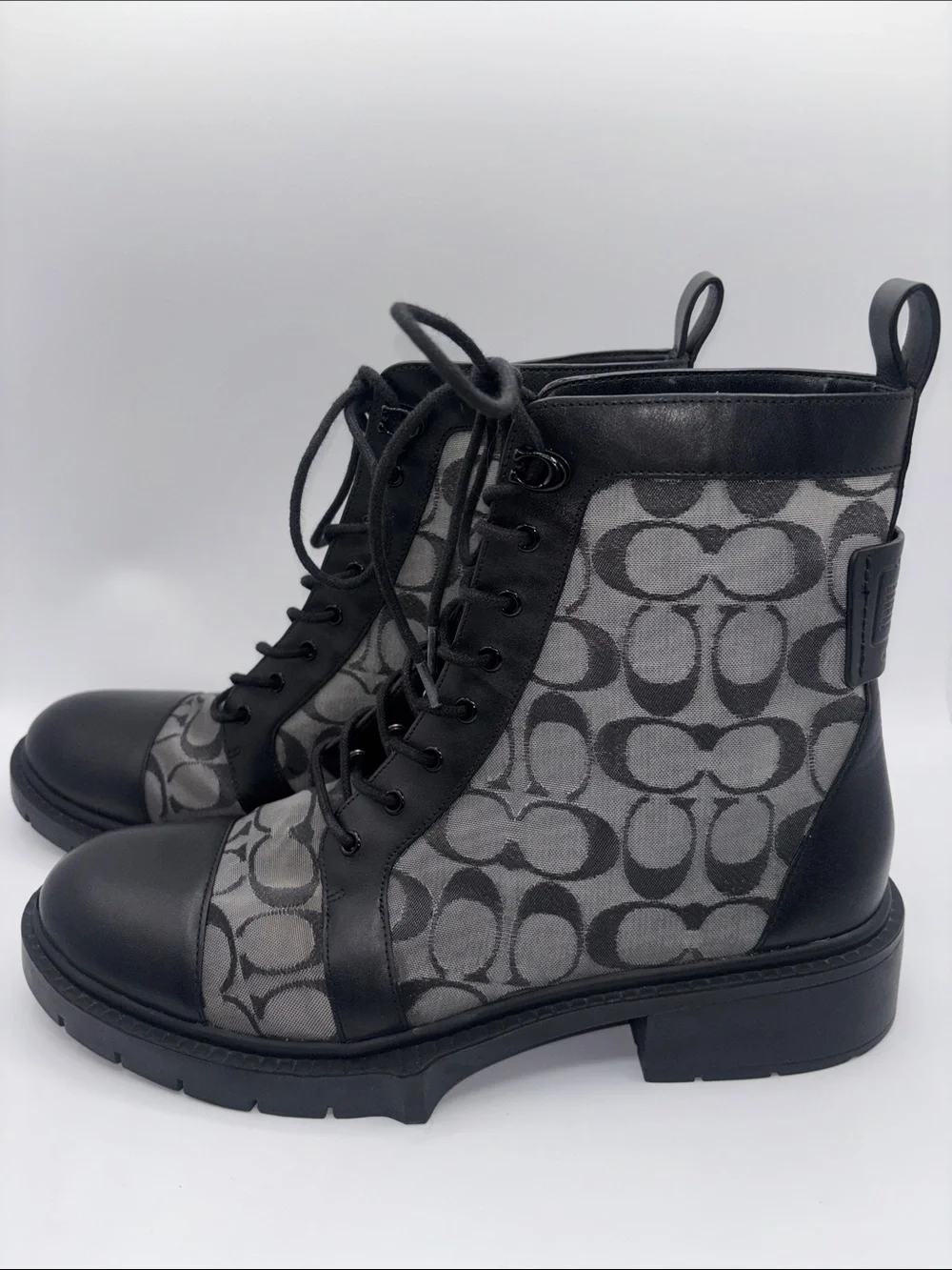 Coach Black and Gray Signature Lace-Up Ankle Boots
